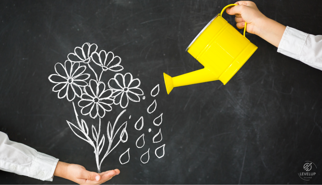 yellow water can pouring water on an imaginary tree in someones hand against a black background as a growth mindset activity